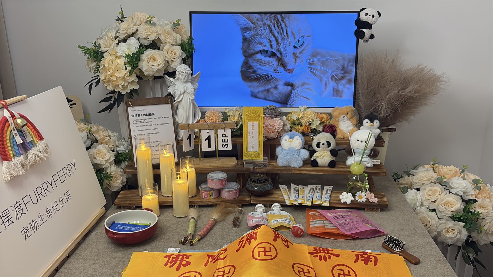 鲜花环绕的宠物告别仪式现场